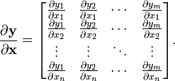 \frac{\partial \mathbf{y}}{\partial \mathbf{x}} =\begin{bmatrix}\frac{\partial y_1}{\partial x_1} & \frac{\partial y_2}{\partial x_1} & \cdots & \frac{\partial y_m}{\partial x_1}\\\frac{\partial y_1}{\partial x_2} & \frac{\partial y_2}{\partial x_2} & \cdots & \frac{\partial y_m}{\partial x_2}\\\vdots & \vdots & \ddots & \vdots\\\frac{\partial y_1}{\partial x_n} & \frac{\partial y_2}{\partial x_n} & \cdots & \frac{\partial y_m}{\partial x_n}\\\end{bmatrix}.