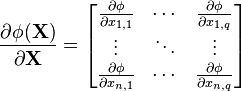 \frac{\partial \mathbf\phi(\mathbf X)} {\partial \mathbf{X}}=\begin{bmatrix} \frac{\partial \mathbf\phi}{\partial x_{1,1}} & \cdots & \frac{\partial \mathbf\phi}{\partial x_{1,q}}\\ \vdots & \ddots & \vdots\\ \frac{\partial \mathbf\phi}{\partial x_{n,1}} & \cdots & \frac{\partial \mathbf\phi}{\partial x_{n,q}}\\\end{bmatrix}