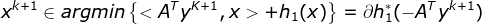 x^{k+1}\in argmin\left \{ <A^{T}y^{K+1},x>+h_{1}(x) \right \}=\partial h_{1}^{*}(-A^{T}y^{k+1})