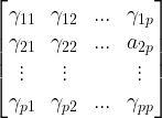 \large \begin{bmatrix} \gamma_{11} &\gamma_{12} & ... &\gamma_{1p} \\ \gamma_{21} & \gamma_{22} & ... &a_{2p} \\ \vdots & \vdots & & \vdots \\ \gamma_{p1} & \gamma_{p2}& ... & \gamma_ {pp} \end{bmatrix}