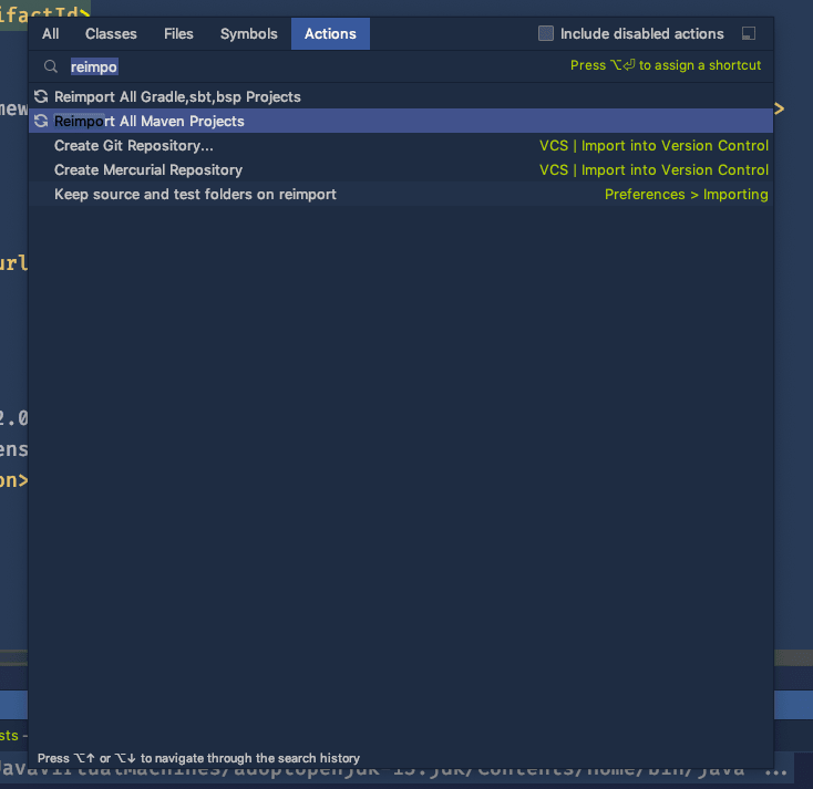Search Actions and type “Reimport All Maven Projects”