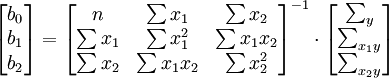 \begin{bmatrix} b_0 \\ b_1 \\ b_2 \end{bmatrix}=\begin{bmatrix}n & \sum x_1 & \sum x_2 \\ \sum x_1 & \sum x^2_1 & \sum x_1x_2 \\ \sum x_2 & \sum x_1x_2 & \sum x^2_2\end{bmatrix}^{-1}\cdot \begin{bmatrix} \sum_y \\ \sum_{x_1y} \\ \sum_{x_2y} \end{bmatrix}