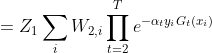 =Z_1\sum_{i} W_{2,i}\prod_{t=2}^{T}e^{-\alpha_t y_iG_t(x_i)}