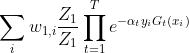 \sum_i w_{1,i} \frac{Z_1}{Z_1}\prod_{t=1}^{T} e^{-\alpha_ty_iG_t(x_i)}