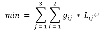 min\ =\ \sum_{j\ =\ 1}{3}\sum_{i = 1}{2}{g_{ij}\ \ast\ L_{ij}}