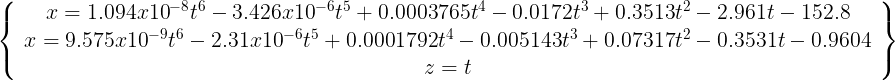 \large \left\{ {\begin{array}{*{20}{c}} {x = 1.094x{​{10}^{ - 8}}{t^6} - 3.426x{​{10}^{ - 6}}{t^5} + 0.0003765{t^4} - 0.0172{t^3} + 0.3513{t^2} - 2.961t - 152.8}\\ {x = 9.575x{​{10}^{ - 9}}{t^6} - 2.31x{​{10}^{ - 6}}{t^5} + 0.0001792{t^4} - 0.005143{t^3} + 0.07317{t^2} - 0.3531t - 0.9604}\\ {z = t} \end{array}} \right\}