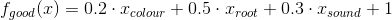 f_{good}(x)=0.2\cdot x_{colour}+0.5\cdot x_{root}+0.3\cdot x_{sound}+1