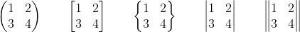 \begin{pmatrix} 1 & 2 \\ 3 & 4 \end{pmatrix} \qquad \begin{bmatrix} 1 & 2 \\ 3 & 4 \end{bmatrix} \qquad \begin{Bmatrix} 1 & 2 \\ 3 & 4 \end{Bmatrix} \qquad \begin{vmatrix} 1 & 2 \\ 3 & 4 \end{vmatrix} \qquad \begin{Vmatrix} 1 & 2 \\ 3 & 4 \end{Vmatrix}