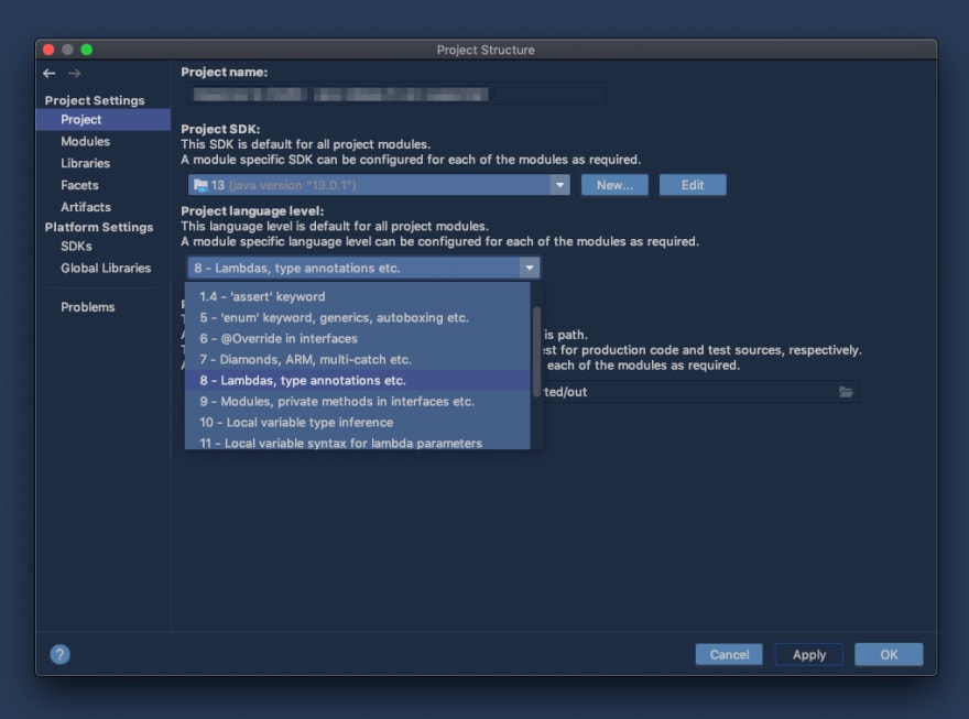 Set the Project Language Level in Project Structure dialog