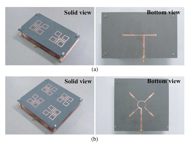 图3 制造的两个阵列的照片以及对应的馈电线路. (a) 1×2阵列. (b) 2×2阵列.