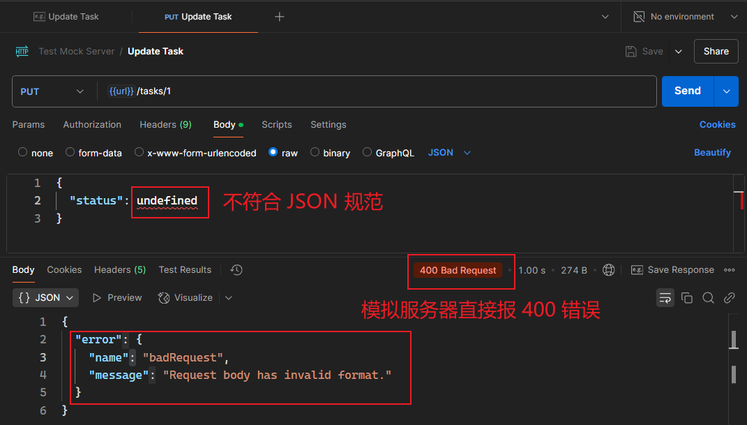 图 12.12 违反 JSON 语法规范强行发送请求，Postman 将按 400 报错处理