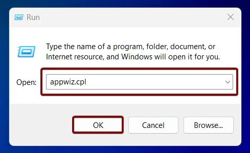 Open Programs and Features using appwiz.cpl