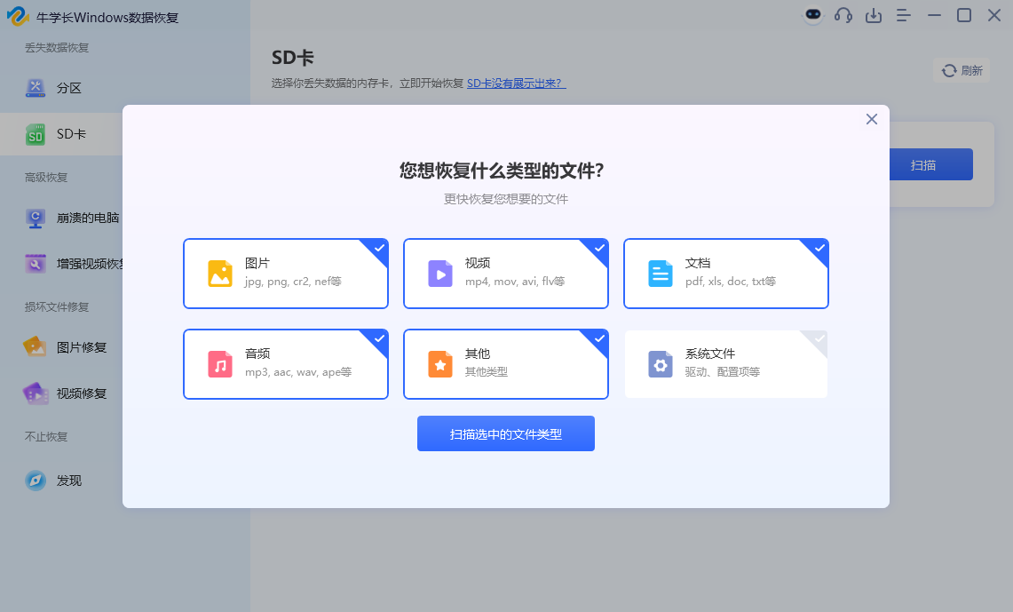 选择想要恢复的文件类型