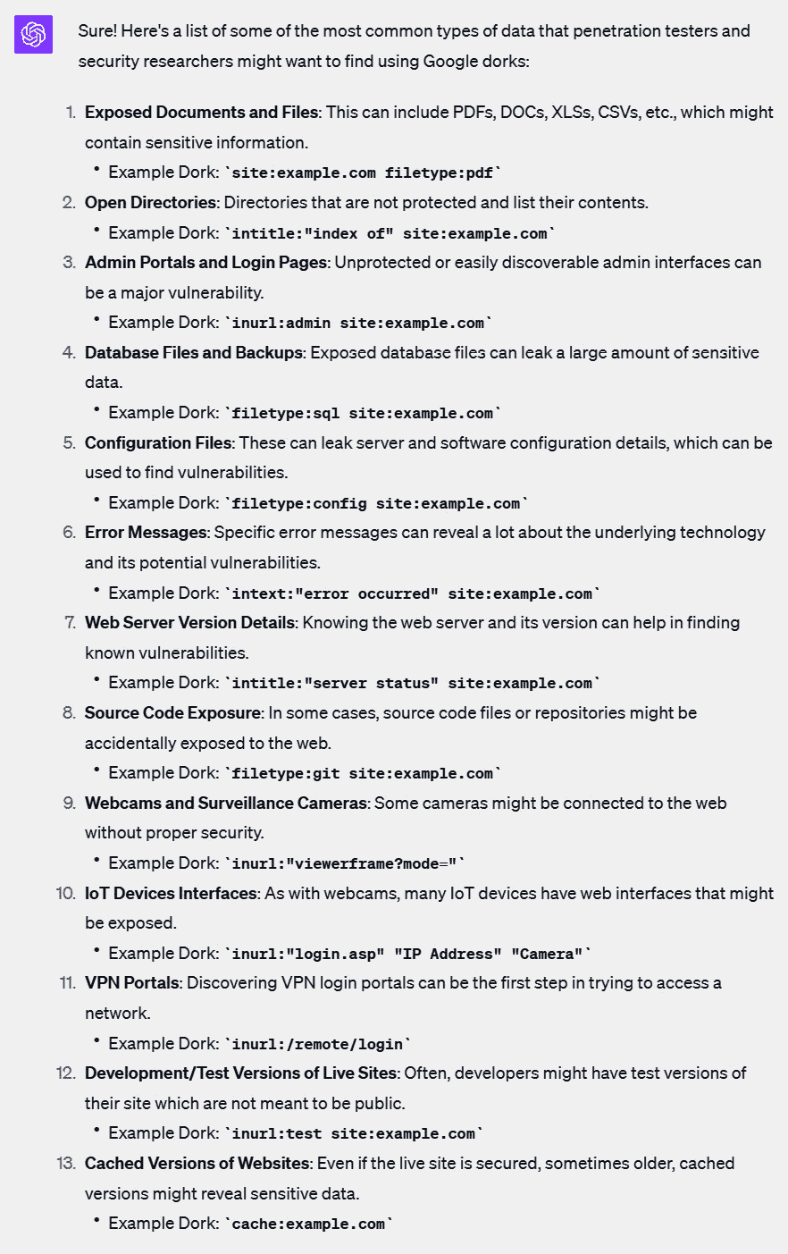 图 6.3 – Google Dorks 列表的示例 ChatGPT 输出
