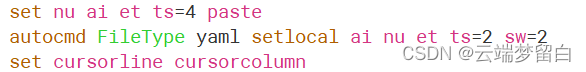 set nu ai et ts=4 paste
autocmd FileType yaml setlocal ai nu et ts=2 sw=2
set cursorline cursorcolumn