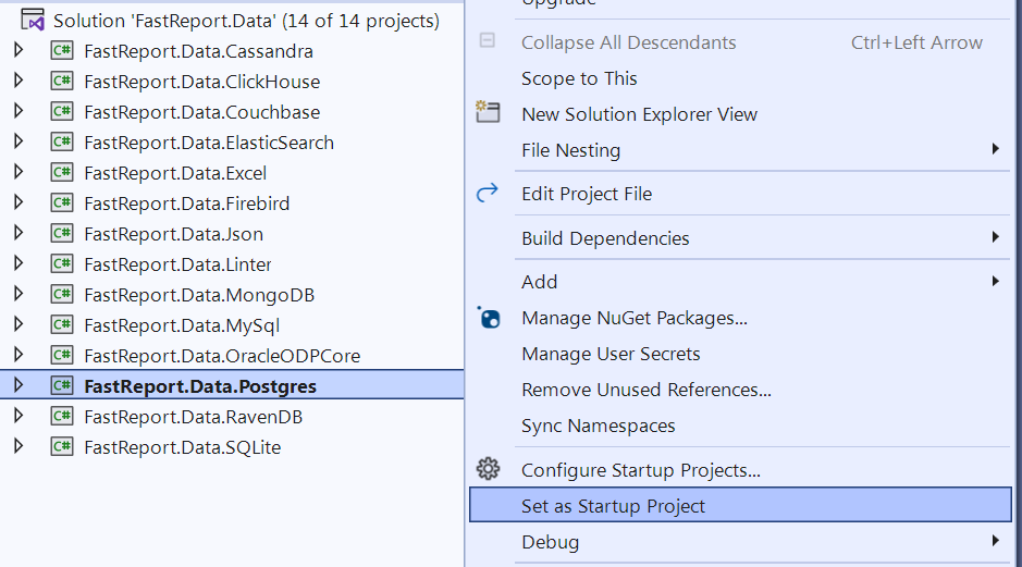 在 Visual Studio 中选择 FastReport.Data.Postgres 项目