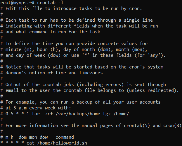 A command-line window showing the crontab -l command. All new lines to this file will create new cron jobs that will be used to execute tasks specified by the user