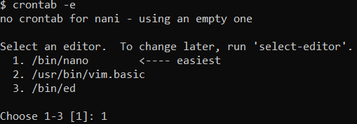 A command-line window showcasing the crontab command with an -e flag. It is used to create the main crontab file and specify the preferred editor