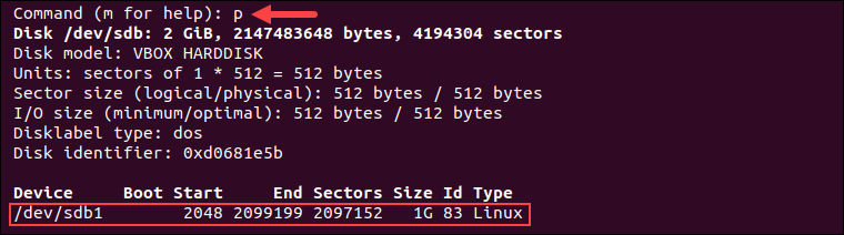 验证 fdisk 中的分区创建。