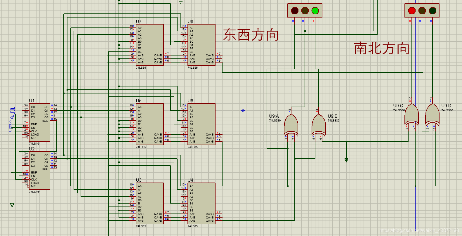 模64的加法计数器，8位数值比较器，异或运算及红黄绿灯交替显示部分的仿真电路图