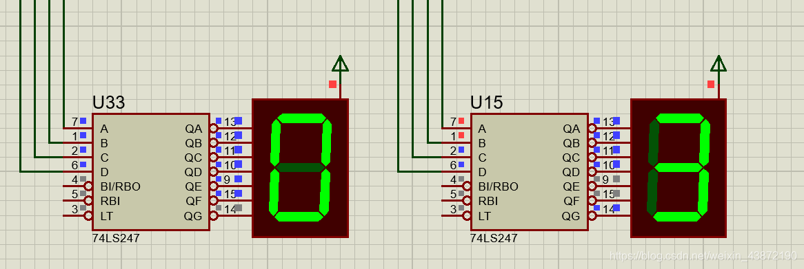 译码电路、红绿灯秒数数码管显示部分的仿真电路图