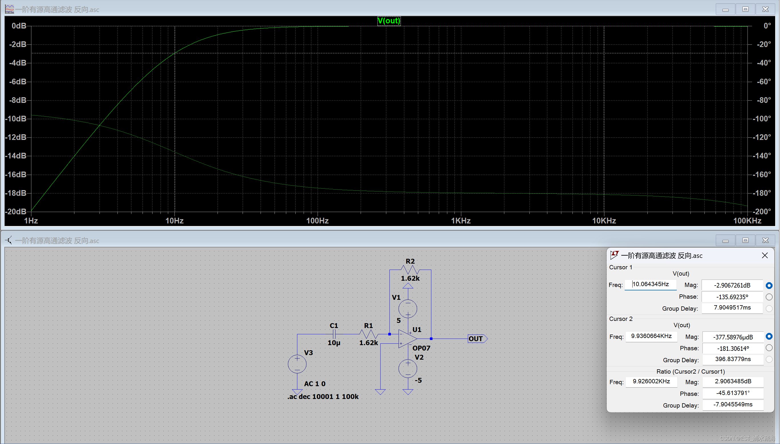 一阶有源低通滤波反相仿真