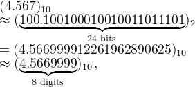 (4.567)_{10}\\ \approx(\underbrace{100.100100010010011011101}_{\textup{24 bits}}) _{2}\\ = (4.566999912261962890625)_{10}\\ \approx (\underbrace{4.5669999}_{\textup{8 digits}})_{10}\,,