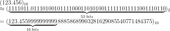 (123.456)_{10}\\ \approx (\underbrace{1111011.0111010010111100011010100111111011111001110110}_{53\,\,bits})_2\\=(\underbrace{123.4559999999999}_{16 \,\,bits}88858689903281629085540771484375)_{10}