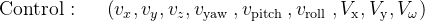 \text { Control : } \quad\left(v_{x}, v_{y}, v_{z}, v_{\text {yaw }}, v_{\text {pitch }}, v_{\text {roll }}, V_{\mathrm{x}}, V_{\mathrm{y}}, V_{\omega}\right)