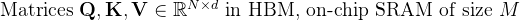 \text { Matrices } \mathbf{Q}, \mathbf{K}, \mathbf{V} \in \mathbb{R}^{N \times d} \text { in HBM, on-chip SRAM of size } M