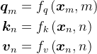 \begin{aligned} \boldsymbol{q}_{m} & =f_{q}\left(\boldsymbol{x}_{m}, m\right) \\ \boldsymbol{k}_{n} & =f_{k}\left(\boldsymbol{x}_{n}, n\right) \\ \boldsymbol{v}_{n} & =f_{v}\left(\boldsymbol{x}_{n}, n\right) \end{aligned}