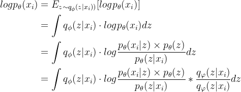 \begin{aligned} log p_\theta (x_i) &=E_{z\sim q_\phi (z|x_i))}[logp_\theta (x_i)] \\ &=\int q_{\phi }(z|x_i)\cdot logp_\theta (x_i) dz \\ &=\int q_{\phi }(z|x_i)\cdot log\frac{p_\theta (x_i|z)\times p_\theta(z)}{p_\theta (z|x_i)} dz \\ &=\int q_{\phi }(z|x_i)\cdot log\frac{p_\theta (x_i|z)\times p_\theta(z)}{p_\theta (z|x_i)} \ast \frac{q_\varphi (z|x_i)}{q_\varphi (z|x_i)}dz \\ \end{aligned}