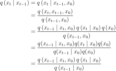 \begin{aligned} q\left(x_{t} \mid x_{t-1}\right) &=q\left(x_{t} \mid x_{t-1}, x_{0}\right) \\&= \frac{q\left(x_{t}, x_{t-1}, x_{0}\right)}{q\left(x_{t-1}, x_{0}\right)} \\& =\frac{q\left(x_{t-1} \mid x_{t}, x_{0}\right) q\left(x_{t} \mid x_{0}\right) q\left(x_{0}\right)}{q\left(x_{t-1}, x_{0}\right)} \\ & = \frac{q(x_{t-1}\mid x_{t},x_{0}) q(x_t\mid x_0) q(x_0)}{q(x_{t-1}\mid x_0)q(x_0)} \\ & =\frac{q\left(x_{t-1} \mid x_{t}, x_{0}\right) q\left(x_{t} \mid x_{0}\right)}{q\left(x_{t-1} \mid x_{0}\right)} \end{aligned}