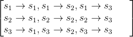 \begin{bmatrix} s_1\rightarrow s_1,s_1\rightarrow s_2,s_1\rightarrow s_3& \\ s_2\rightarrow s_1,s_2\rightarrow s_2,s_2\rightarrow s_3 & \\ s_3\rightarrow s_1,s_3\rightarrow s_2,s_3\rightarrow s_3 & & \end{bmatrix}