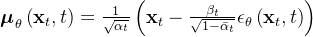 \boldsymbol{\mu}_{\theta}\left(\mathbf{x}_{t}, t\right)=\frac{1}{\sqrt{\alpha_{t}}}\left(\mathbf{x}_{t}-\frac{\beta_{t}}{\sqrt{1-\bar{\alpha}_{t}}} \epsilon_{\theta}\left(\mathbf{x}_{t}, t\right)\right)