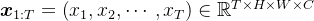 \boldsymbol{x}_{1: T}=\left(x_{1}, x_{2}, \cdots, x_{T}\right) \in \mathbb{R}^{T \times H \times W \times C}