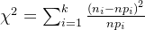 \chi ^{2}=\sum_{i=1}^{k}\frac{\left( n_i-np_i \right)^{2} }{np_i}