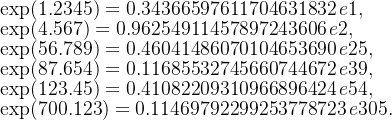 \exp(1.2345)=0.34366597611704631832\,e1,\\ \exp(4.567)=0.96254911457897243606\,e2,\\ \exp(56.789)=0.46041486070104653690\,e25,\\ \exp(87.654)=0.11685532745660744672\,e39,\\ \exp(123.45)=0.41082209310966896424\,e54,\\ \exp(700.123)=0.11469792299253778723\,e305.