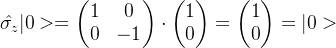 \hat{\sigma _{z}}|0>=\begin{pmatrix} 1 &0 \\ 0&-1 \end{pmatrix}\cdot \begin{pmatrix} 1\\ 0 \end{pmatrix}=\begin{pmatrix} 1\\ 0 \end{pmatrix}=|0>