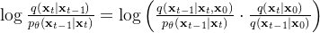 \log \frac{q\left(\mathbf{x}_{t} \mid \mathbf{x}_{t-1}\right)}{p_{\theta}\left(\mathbf{x}_{t-1} \mid \mathbf{x}_{t}\right)}=\log \left(\frac{q\left(\mathbf{x}_{t-1} \mid \mathbf{x}_{t}, \mathbf{x}_{0}\right)}{p_{\theta}\left(\mathbf{x}_{t-1} \mid \mathbf{x}_{t}\right)} \cdot \frac{q\left(\mathbf{x}_{t} \mid \mathbf{x}_{0}\right)}{q\left(\mathbf{x}_{t-1} \mid \mathbf{x}_{0}\right)}\right)