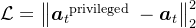 \mathcal{L}=\left\|\boldsymbol{a}_{t}{ }^{\text {privileged }}-\boldsymbol{a}_{t}\right\|_{2}^{2}