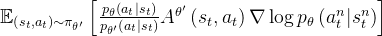 \mathbb{E}_{\left(s_{t}, a_{t}\right) \sim \pi_{\theta^{\prime}}}\left[\frac{p_{\theta}\left(a_{t} | s_{t}\right)}{p_{\theta^{\prime}}\left(a_{t} | s_{t}\right)} A^{\theta^{\prime}}\left(s_{t}, a_{t}\right) \nabla \log p_{\theta}\left(a_{t}^{n} | s_{t}^{n}\right)\right]