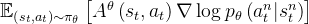 \mathbb{E}_{\left(s_{t}, a_{t}\right) \sim \pi_{\theta}}\left[A^{\theta}\left(s_{t}, a_{t}\right) \nabla \log p_{\theta}\left(a_{t}^{n} | s_{t}^{n}\right)\right]