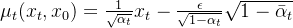 \mu_t(x_t, x_0) = \frac{1}{\sqrt{\alpha_t}} x_t - \frac{\epsilon}{\sqrt{1-\alpha_t}} \sqrt{1-\bar{\alpha}_t}