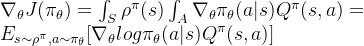 \nabla_\theta J(\pi _\theta ) = \int_{S}^{}\rho ^\pi (s) \int_{A}^{}\nabla_\theta \pi _\theta(a|s)Q^\pi(s,a) =E_{s\sim\rho ^\pi,a\sim\pi_\theta }[\nabla_\theta log\pi _\theta(a|s)Q^\pi (s,a)]