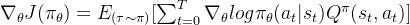 \nabla_\theta J(\pi_\theta)= E_{(\tau \sim\pi)} [\sum_{t=0}^{T}\nabla_\theta log\pi _\theta (a_t|s_t)Q^\pi(s_t,a_t)]