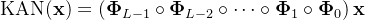 \operatorname{KAN}(\mathbf{x})=\left(\boldsymbol{\Phi}_{L-1} \circ \boldsymbol{\Phi}_{L-2} \circ \cdots \circ \boldsymbol{\Phi}_{1} \circ \boldsymbol{\Phi}_{0}\right) \mathbf{x}