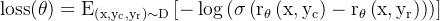 \operatorname{loss}(\theta)=\mathrm{E}_{\left(\mathrm{x}, \mathrm{y}_{\mathrm{c}}, \mathrm{y}_{\mathrm{r}}\right) \sim \mathrm{D}}\left[-\log \left(\sigma\left(\mathrm{r}_{\theta}\left(\mathrm{x}, \mathrm{y}_{\mathrm{c}}\right)-\mathrm{r}_{\theta}\left(\mathrm{x}, \mathrm{y}_{\mathrm{r}}\right)\right)\right)\right]