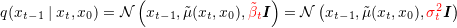 \small q(x_{t-1}\mid x_{t},x_{0}) = \mathcal{N}\left ( x_{t-1}, \tilde{\mu }(x_{t},x_{0}), {\color{red} \tilde{\beta }_{t}}\boldsymbol{I} \right )= \mathcal{N}\left ( x_{t-1}, \tilde{\mu }(x_{t},x_{0}), {\color{red} \sigma_{t}^{2}}\boldsymbol{I} \right )