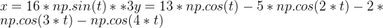 x = 16 * np.sin(t)**3 y = 13 * np.cos(t) - 5 * np.cos(2*t) - 2 * np.cos(3*t) - np.cos(4*t)